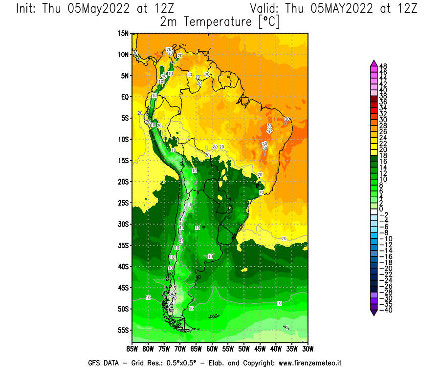 Mappa di analisi GFS - Temperatura a 2 metri dal suolo [°C] in Sud-America
									del 05/05/2022 12 <!--googleoff: index-->UTC<!--googleon: index-->