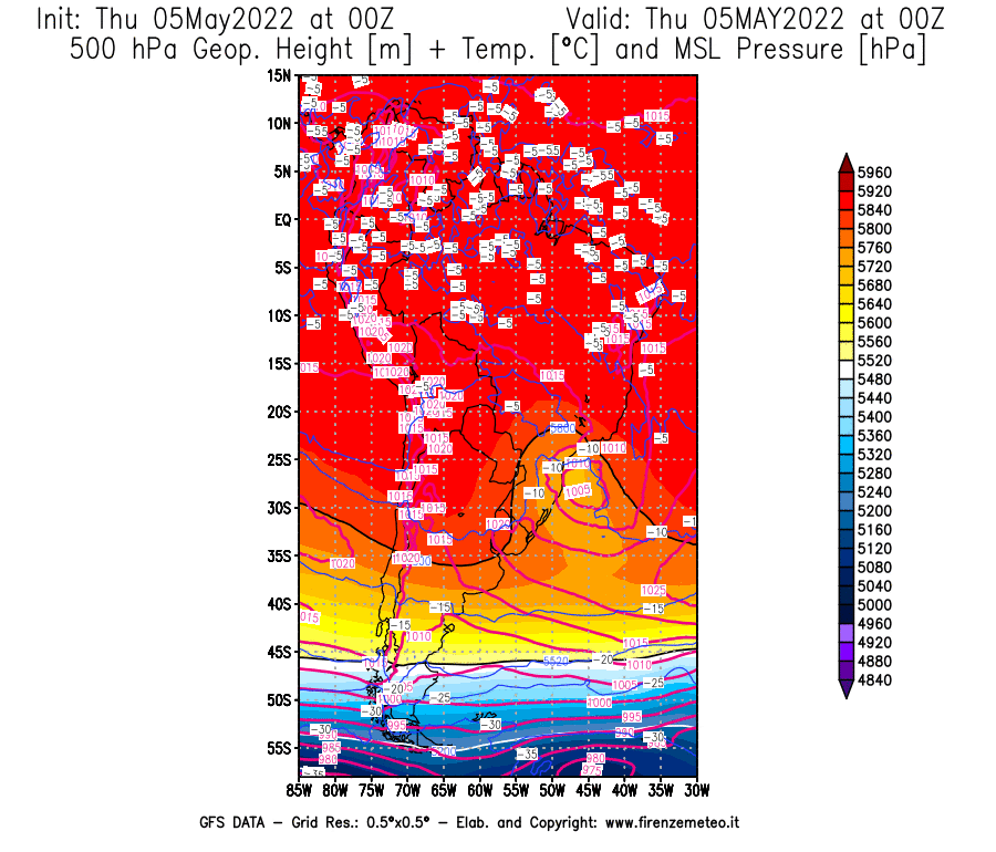 Mappa di analisi GFS - Geopotenziale [m] + Temp. [°C] a 500 hPa + Press. a livello del mare [hPa] in Sud-America
									del 05/05/2022 00 <!--googleoff: index-->UTC<!--googleon: index-->