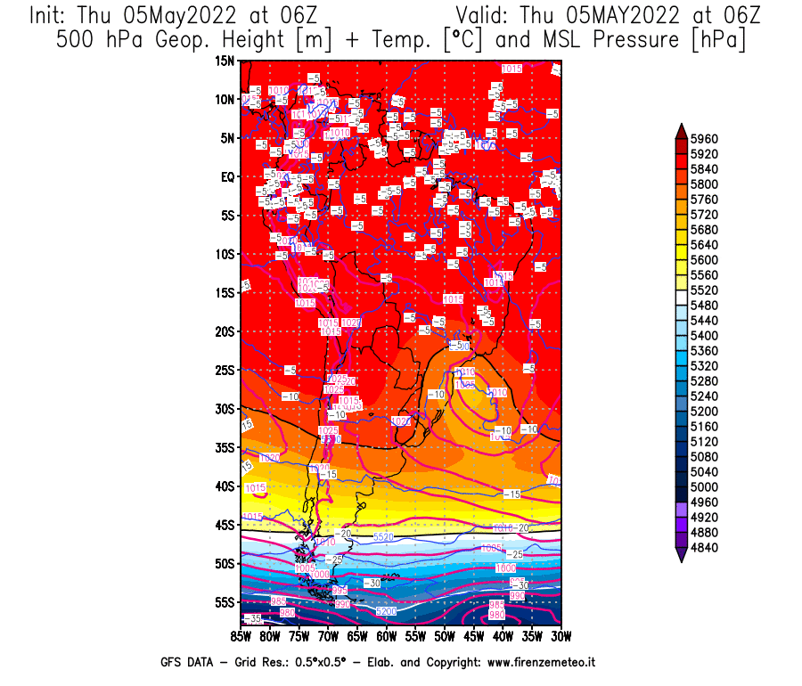 Mappa di analisi GFS - Geopotenziale [m] + Temp. [°C] a 500 hPa + Press. a livello del mare [hPa] in Sud-America
									del 05/05/2022 06 <!--googleoff: index-->UTC<!--googleon: index-->