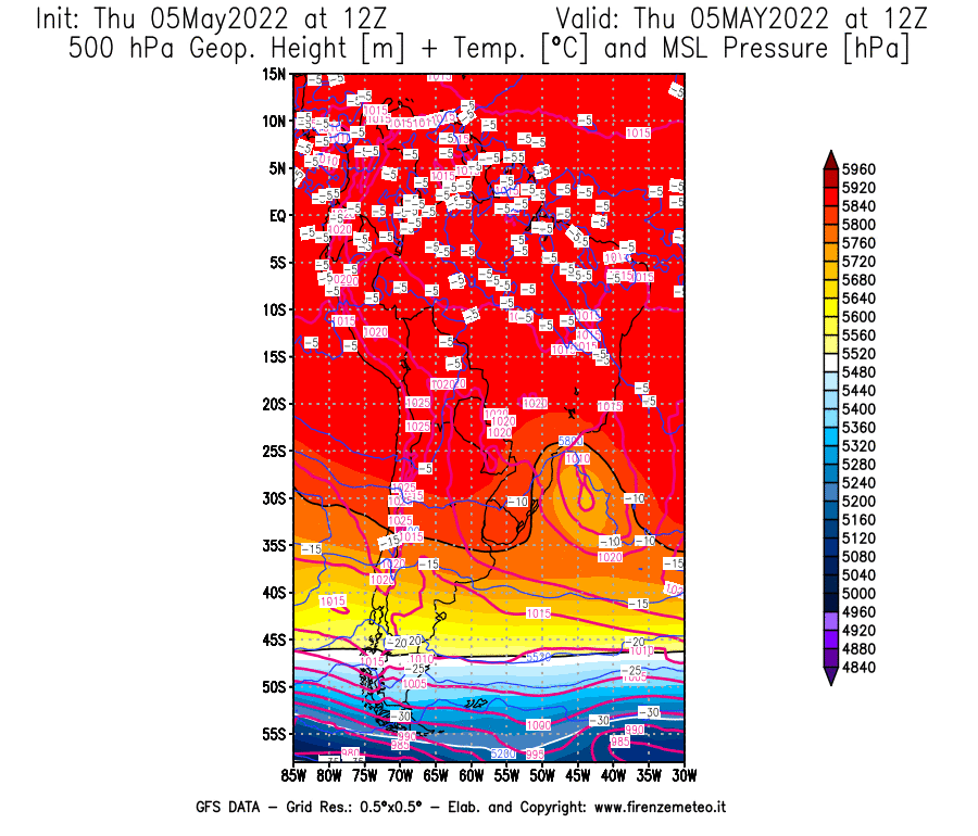 Mappa di analisi GFS - Geopotenziale [m] + Temp. [°C] a 500 hPa + Press. a livello del mare [hPa] in Sud-America
									del 05/05/2022 12 <!--googleoff: index-->UTC<!--googleon: index-->