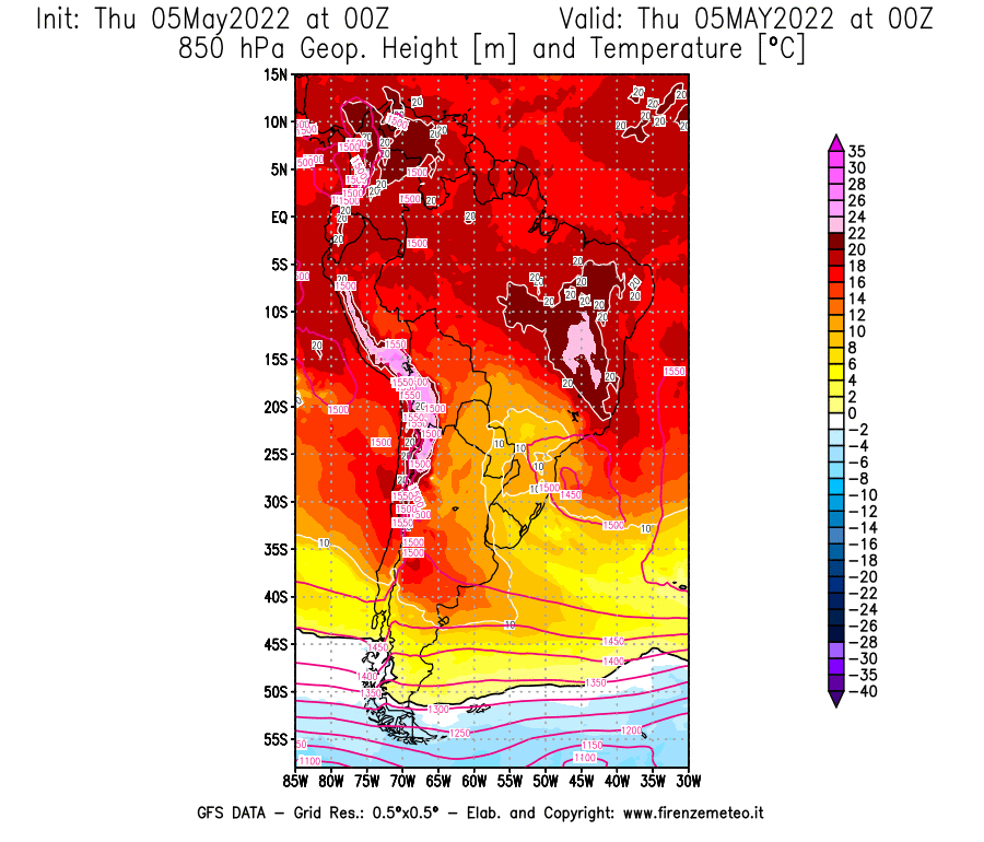 Mappa di analisi GFS - Geopotenziale [m] e Temperatura [°C] a 850 hPa in Sud-America
									del 05/05/2022 00 <!--googleoff: index-->UTC<!--googleon: index-->