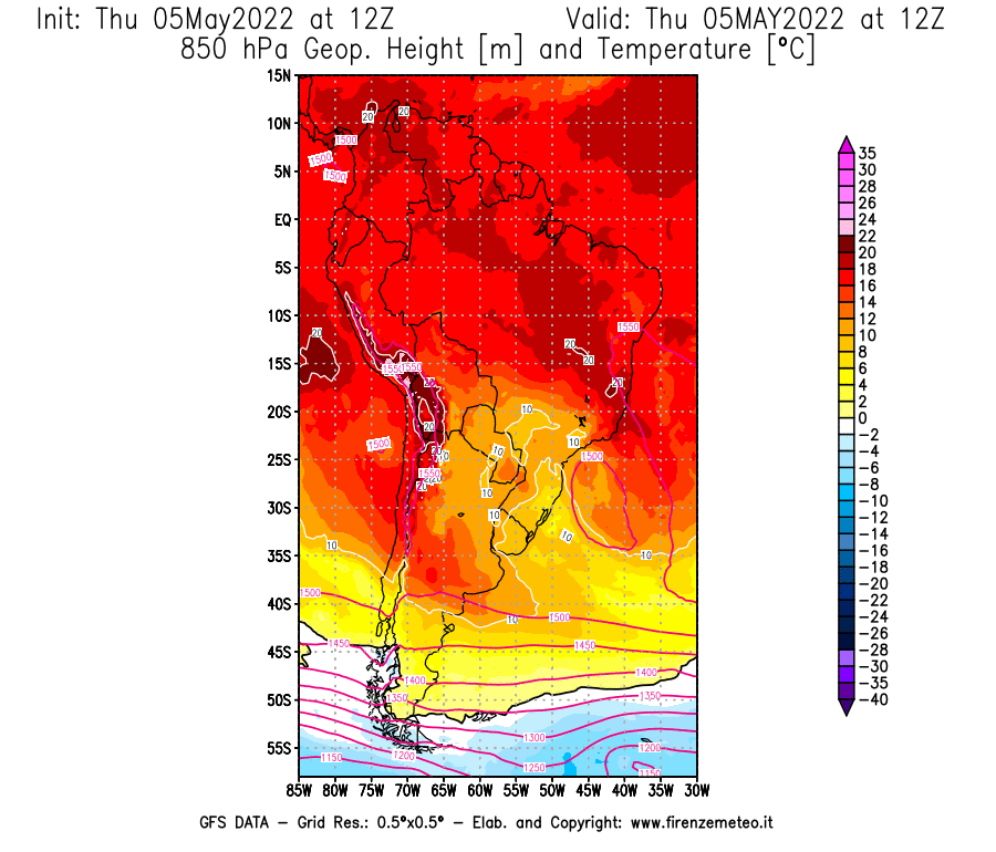 Mappa di analisi GFS - Geopotenziale [m] e Temperatura [°C] a 850 hPa in Sud-America
									del 05/05/2022 12 <!--googleoff: index-->UTC<!--googleon: index-->
