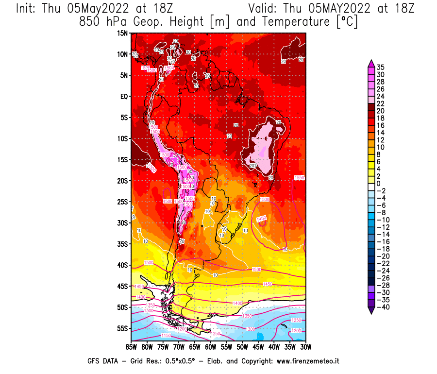 Mappa di analisi GFS - Geopotenziale [m] e Temperatura [°C] a 850 hPa in Sud-America
									del 05/05/2022 18 <!--googleoff: index-->UTC<!--googleon: index-->