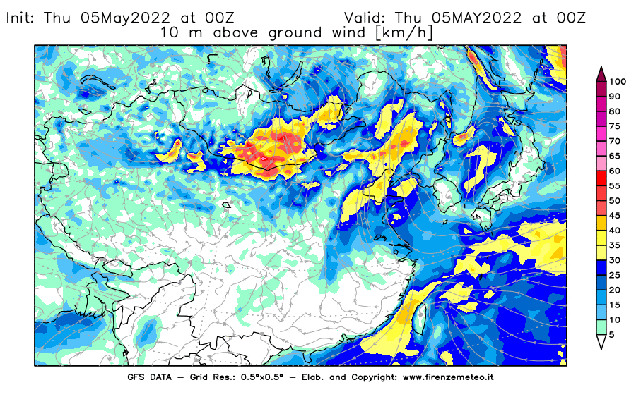 Mappa di analisi GFS - Velocità del vento a 10 metri dal suolo [km/h] in Asia Orientale
									del 05/05/2022 00 <!--googleoff: index-->UTC<!--googleon: index-->