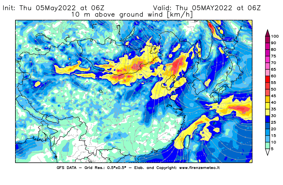 Mappa di analisi GFS - Velocità del vento a 10 metri dal suolo [km/h] in Asia Orientale
									del 05/05/2022 06 <!--googleoff: index-->UTC<!--googleon: index-->