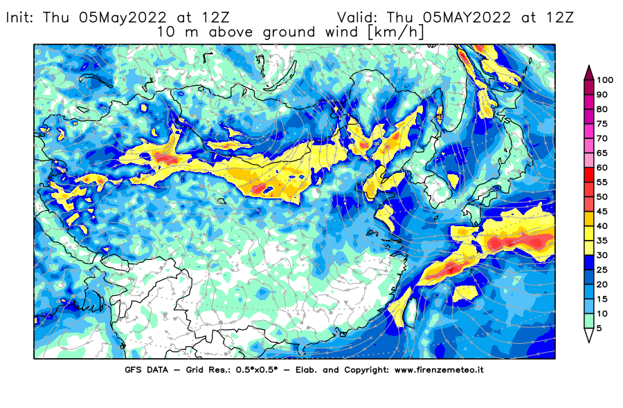 Mappa di analisi GFS - Velocità del vento a 10 metri dal suolo [km/h] in Asia Orientale
									del 05/05/2022 12 <!--googleoff: index-->UTC<!--googleon: index-->