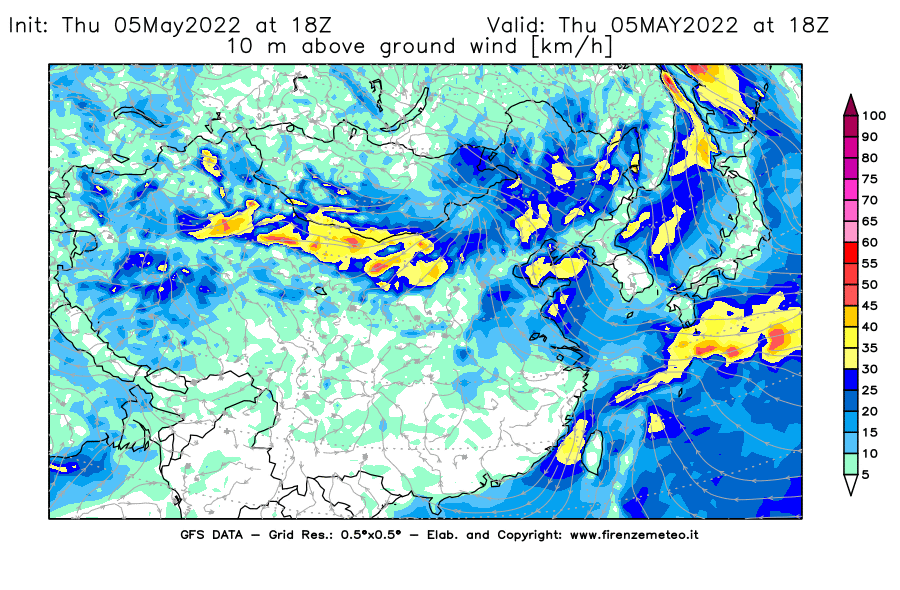 Mappa di analisi GFS - Velocità del vento a 10 metri dal suolo [km/h] in Asia Orientale
									del 05/05/2022 18 <!--googleoff: index-->UTC<!--googleon: index-->