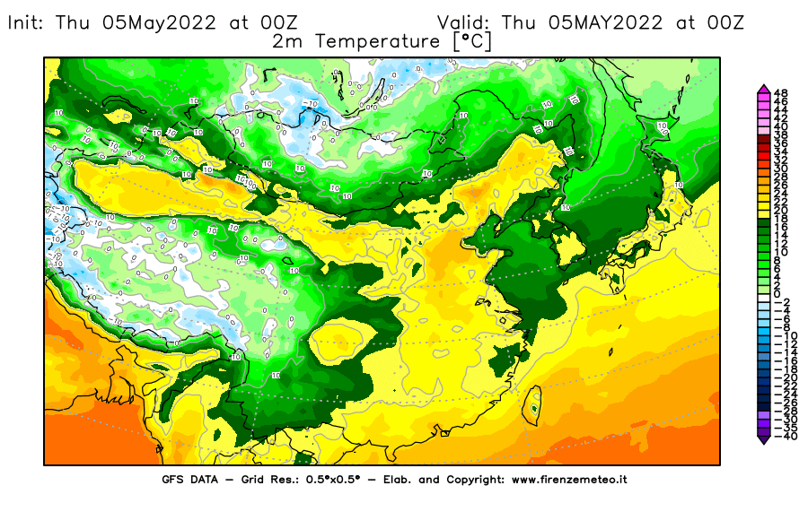 Mappa di analisi GFS - Temperatura a 2 metri dal suolo [°C] in Asia Orientale
									del 05/05/2022 00 <!--googleoff: index-->UTC<!--googleon: index-->