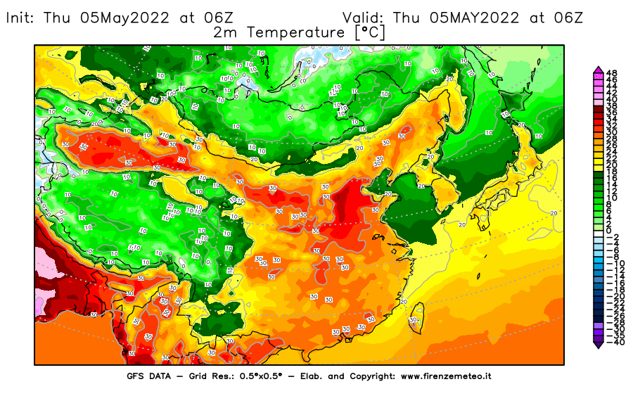 Mappa di analisi GFS - Temperatura a 2 metri dal suolo [°C] in Asia Orientale
									del 05/05/2022 06 <!--googleoff: index-->UTC<!--googleon: index-->