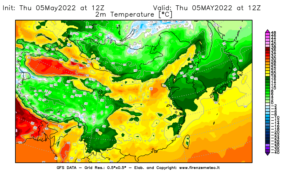 Mappa di analisi GFS - Temperatura a 2 metri dal suolo [°C] in Asia Orientale
									del 05/05/2022 12 <!--googleoff: index-->UTC<!--googleon: index-->