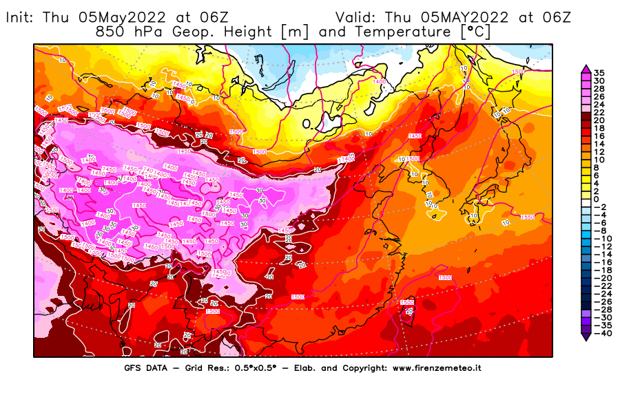 Mappa di analisi GFS - Geopotenziale [m] e Temperatura [°C] a 850 hPa in Asia Orientale
									del 05/05/2022 06 <!--googleoff: index-->UTC<!--googleon: index-->