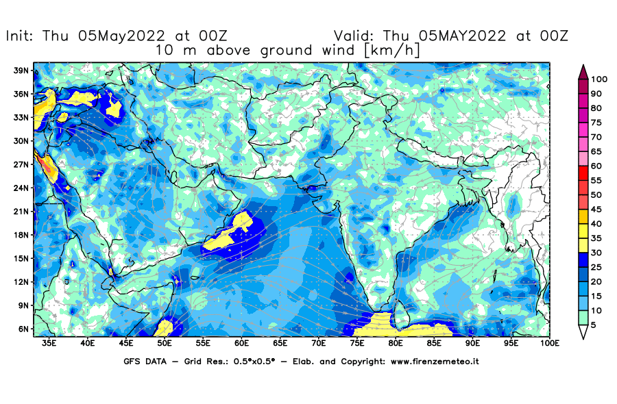 Mappa di analisi GFS - Velocità del vento a 10 metri dal suolo [km/h] in Asia Sud-Occidentale
									del 05/05/2022 00 <!--googleoff: index-->UTC<!--googleon: index-->
