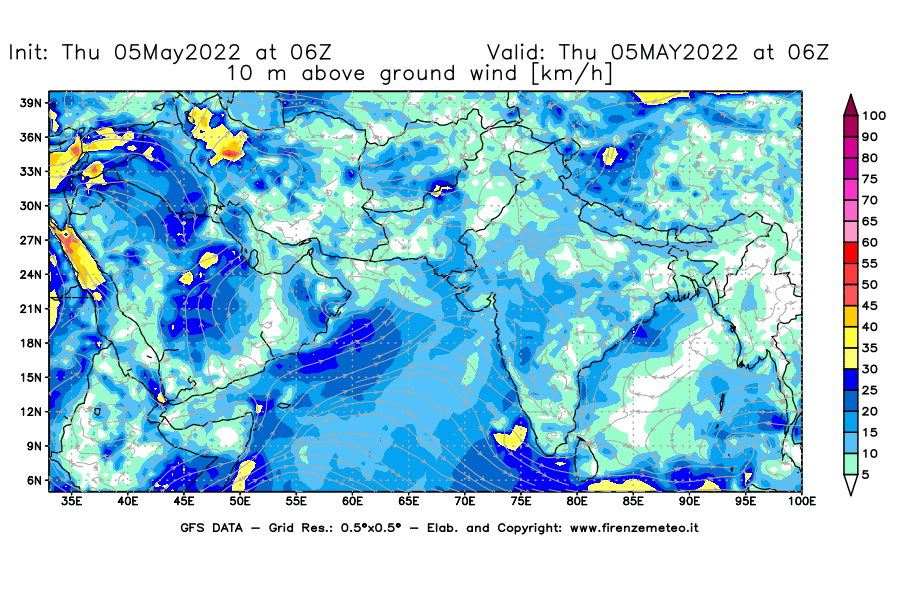 Mappa di analisi GFS - Velocità del vento a 10 metri dal suolo [km/h] in Asia Sud-Occidentale
									del 05/05/2022 06 <!--googleoff: index-->UTC<!--googleon: index-->