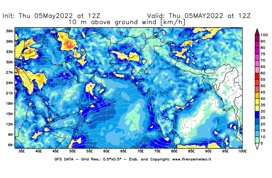 Mappa di analisi GFS - Velocità del vento a 10 metri dal suolo [km/h] in Asia Sud-Occidentale
									del 05/05/2022 12 <!--googleoff: index-->UTC<!--googleon: index-->