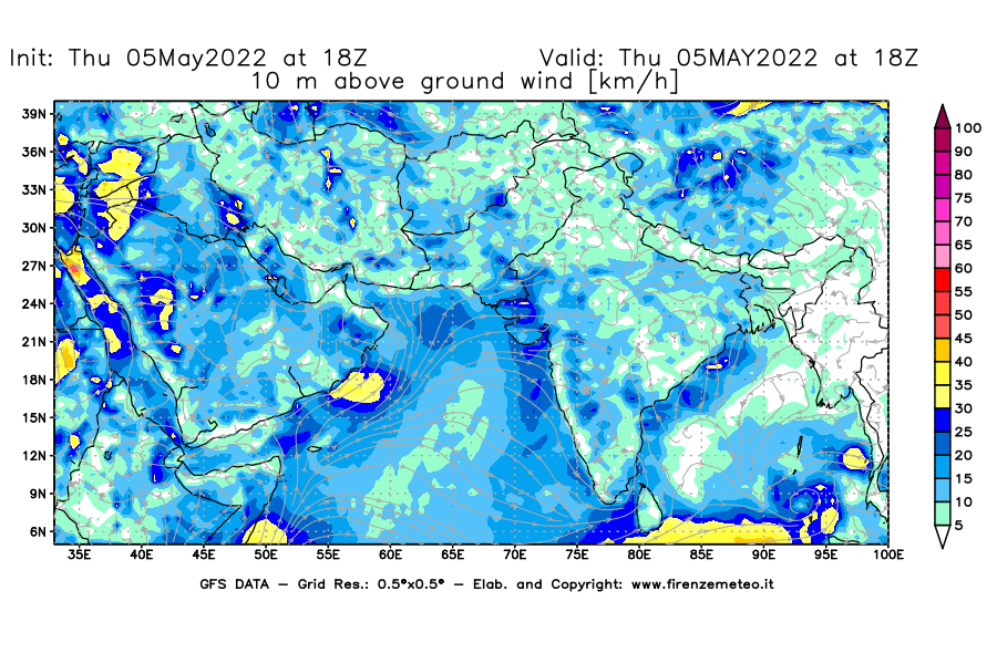 Mappa di analisi GFS - Velocità del vento a 10 metri dal suolo [km/h] in Asia Sud-Occidentale
									del 05/05/2022 18 <!--googleoff: index-->UTC<!--googleon: index-->