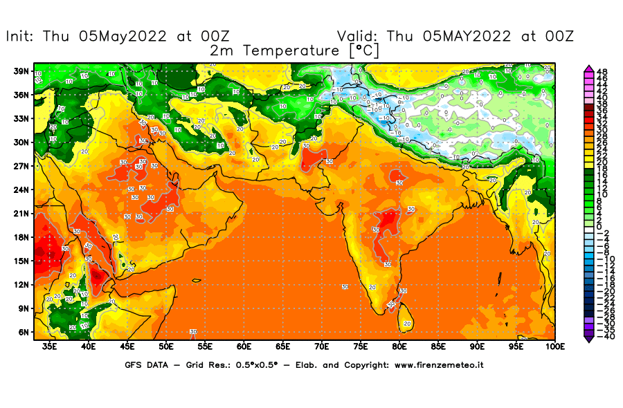 Mappa di analisi GFS - Temperatura a 2 metri dal suolo [°C] in Asia Sud-Occidentale
									del 05/05/2022 00 <!--googleoff: index-->UTC<!--googleon: index-->