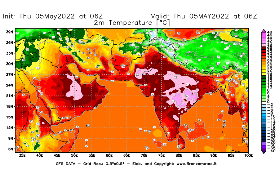 Mappa di analisi GFS - Temperatura a 2 metri dal suolo [°C] in Asia Sud-Occidentale
									del 05/05/2022 06 <!--googleoff: index-->UTC<!--googleon: index-->