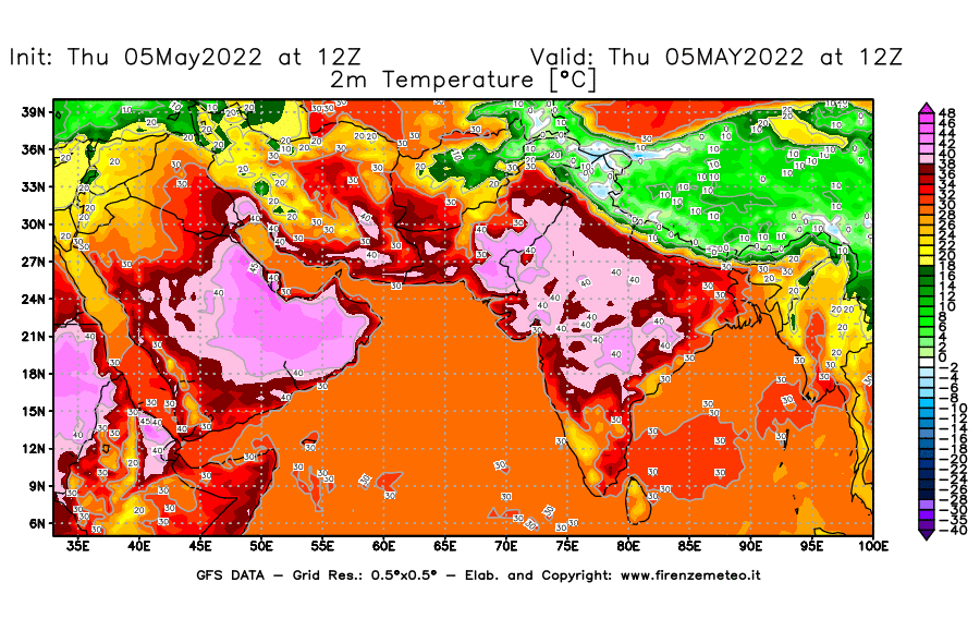 Mappa di analisi GFS - Temperatura a 2 metri dal suolo [°C] in Asia Sud-Occidentale
									del 05/05/2022 12 <!--googleoff: index-->UTC<!--googleon: index-->