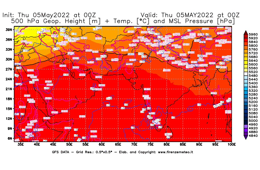 Mappa di analisi GFS - Geopotenziale [m] + Temp. [°C] a 500 hPa + Press. a livello del mare [hPa] in Asia Sud-Occidentale
									del 05/05/2022 00 <!--googleoff: index-->UTC<!--googleon: index-->