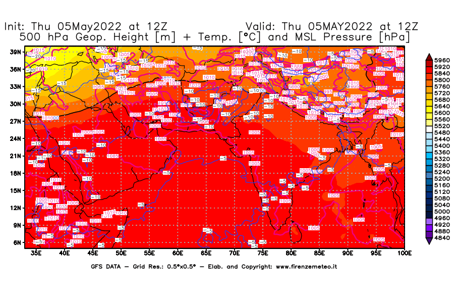 Mappa di analisi GFS - Geopotenziale [m] + Temp. [°C] a 500 hPa + Press. a livello del mare [hPa] in Asia Sud-Occidentale
									del 05/05/2022 12 <!--googleoff: index-->UTC<!--googleon: index-->