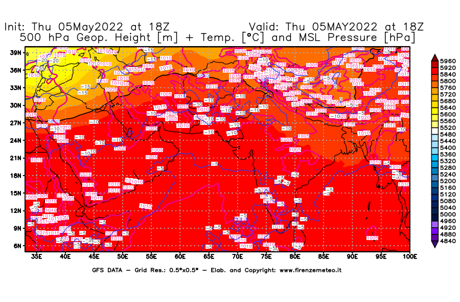 Mappa di analisi GFS - Geopotenziale [m] + Temp. [°C] a 500 hPa + Press. a livello del mare [hPa] in Asia Sud-Occidentale
									del 05/05/2022 18 <!--googleoff: index-->UTC<!--googleon: index-->