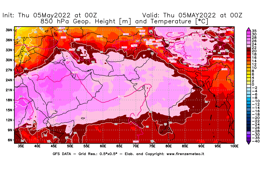 Mappa di analisi GFS - Geopotenziale [m] e Temperatura [°C] a 850 hPa in Asia Sud-Occidentale
									del 05/05/2022 00 <!--googleoff: index-->UTC<!--googleon: index-->