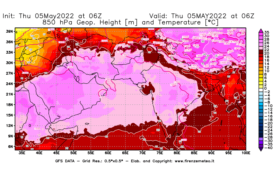 Mappa di analisi GFS - Geopotenziale [m] e Temperatura [°C] a 850 hPa in Asia Sud-Occidentale
									del 05/05/2022 06 <!--googleoff: index-->UTC<!--googleon: index-->