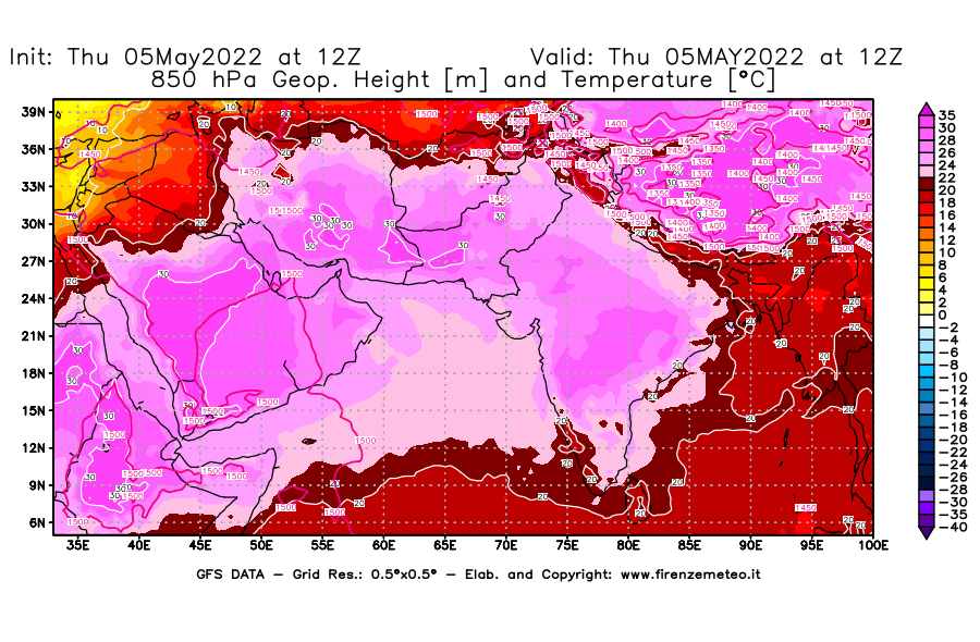 Mappa di analisi GFS - Geopotenziale [m] e Temperatura [°C] a 850 hPa in Asia Sud-Occidentale
									del 05/05/2022 12 <!--googleoff: index-->UTC<!--googleon: index-->
