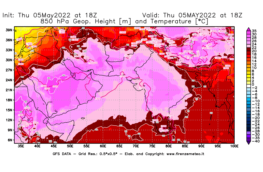 Mappa di analisi GFS - Geopotenziale [m] e Temperatura [°C] a 850 hPa in Asia Sud-Occidentale
									del 05/05/2022 18 <!--googleoff: index-->UTC<!--googleon: index-->