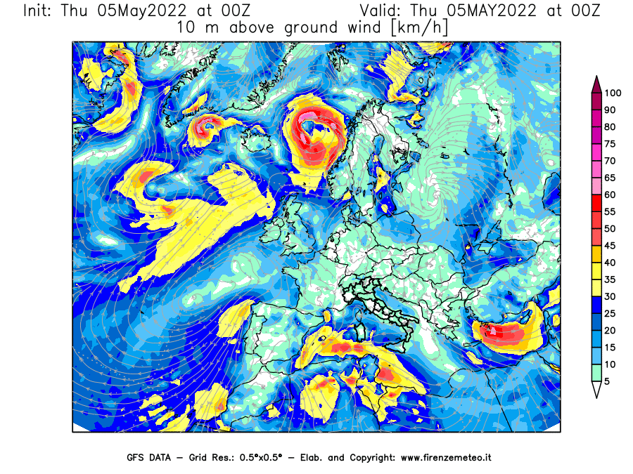 Mappa di analisi GFS - Velocità del vento a 10 metri dal suolo [km/h] in Europa
									del 05/05/2022 00 <!--googleoff: index-->UTC<!--googleon: index-->