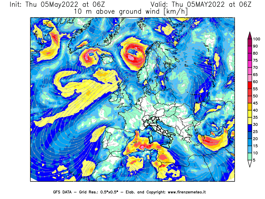Mappa di analisi GFS - Velocità del vento a 10 metri dal suolo [km/h] in Europa
									del 05/05/2022 06 <!--googleoff: index-->UTC<!--googleon: index-->