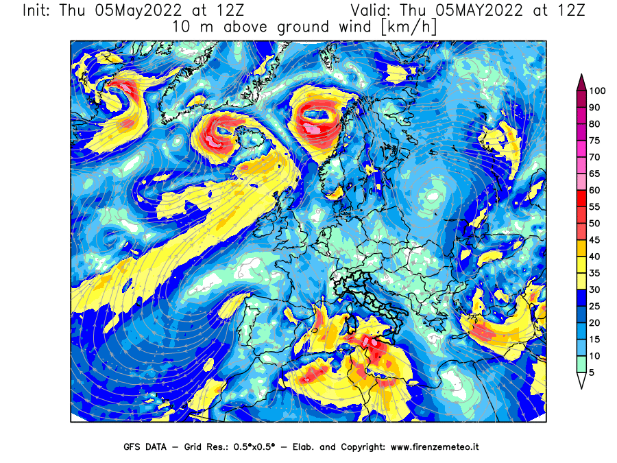 Mappa di analisi GFS - Velocità del vento a 10 metri dal suolo [km/h] in Europa
									del 05/05/2022 12 <!--googleoff: index-->UTC<!--googleon: index-->