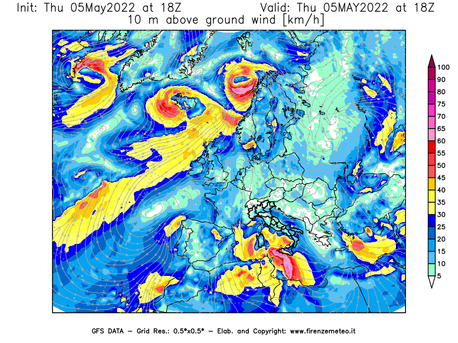 Mappa di analisi GFS - Velocità del vento a 10 metri dal suolo [km/h] in Europa
									del 05/05/2022 18 <!--googleoff: index-->UTC<!--googleon: index-->