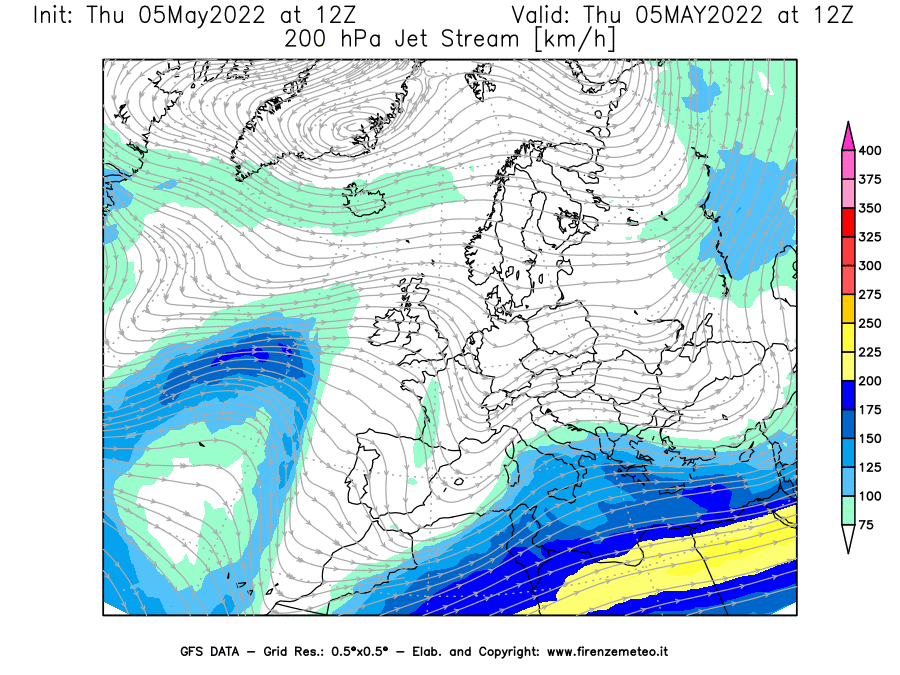 Mappa di analisi GFS - Jet Stream a 200 hPa in Europa
									del 05/05/2022 12 <!--googleoff: index-->UTC<!--googleon: index-->