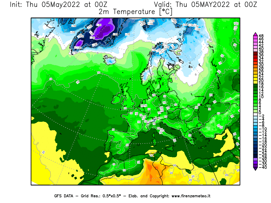 Mappa di analisi GFS - Temperatura a 2 metri dal suolo [°C] in Europa
									del 05/05/2022 00 <!--googleoff: index-->UTC<!--googleon: index-->