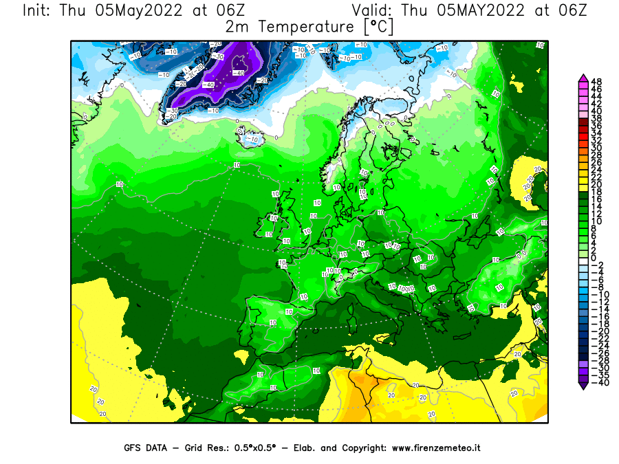 Mappa di analisi GFS - Temperatura a 2 metri dal suolo [°C] in Europa
									del 05/05/2022 06 <!--googleoff: index-->UTC<!--googleon: index-->