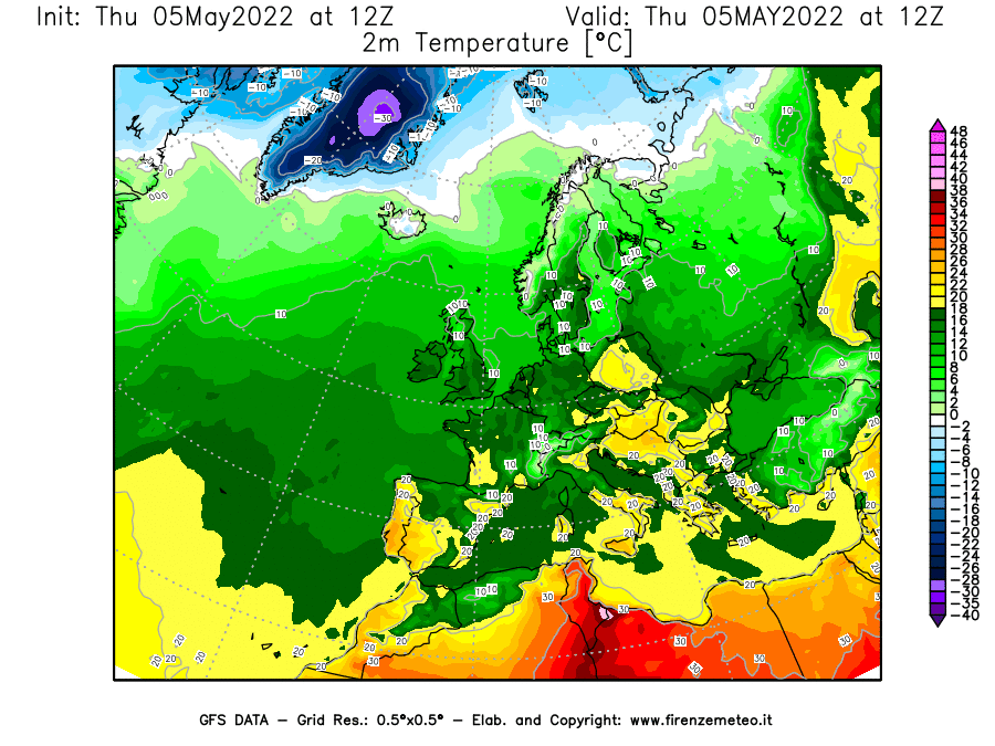 Mappa di analisi GFS - Temperatura a 2 metri dal suolo [°C] in Europa
									del 05/05/2022 12 <!--googleoff: index-->UTC<!--googleon: index-->