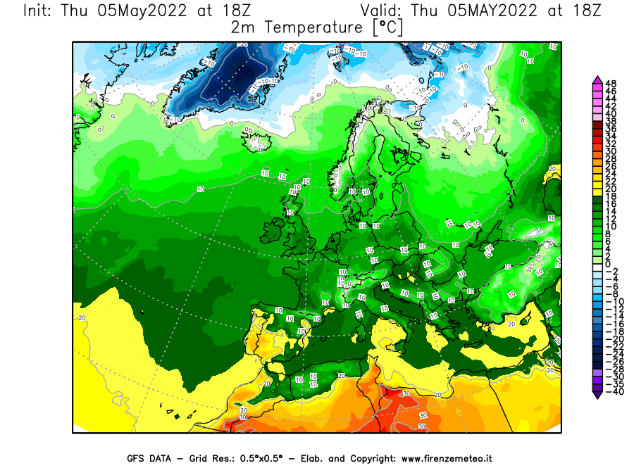 Mappa di analisi GFS - Temperatura a 2 metri dal suolo [°C] in Europa
									del 05/05/2022 18 <!--googleoff: index-->UTC<!--googleon: index-->