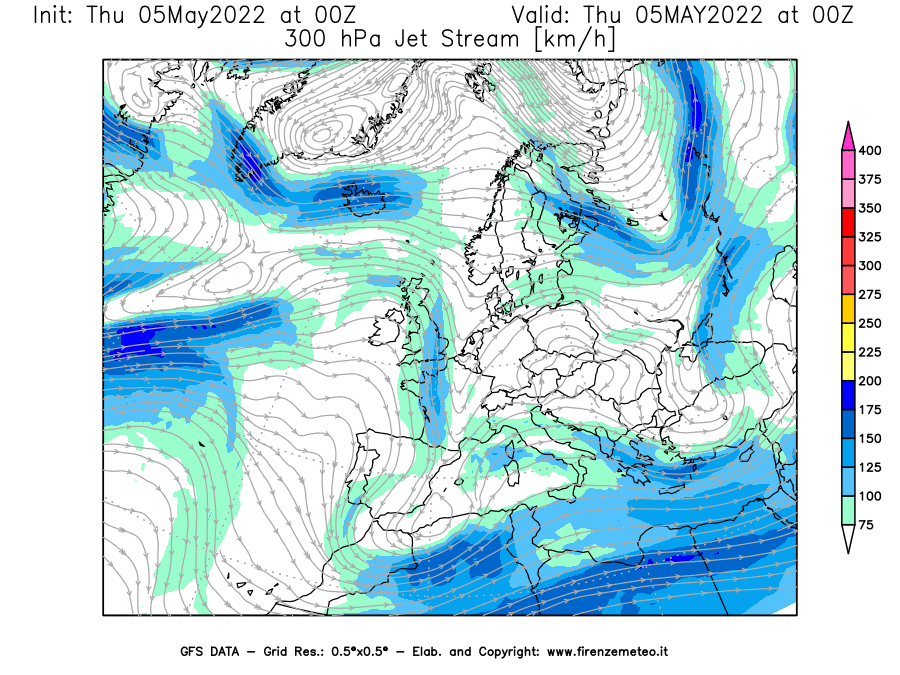Mappa di analisi GFS - Jet Stream a 300 hPa in Europa
									del 05/05/2022 00 <!--googleoff: index-->UTC<!--googleon: index-->