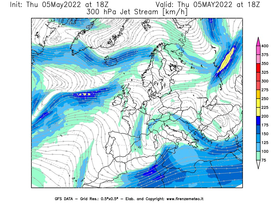 Mappa di analisi GFS - Jet Stream a 300 hPa in Europa
									del 05/05/2022 18 <!--googleoff: index-->UTC<!--googleon: index-->