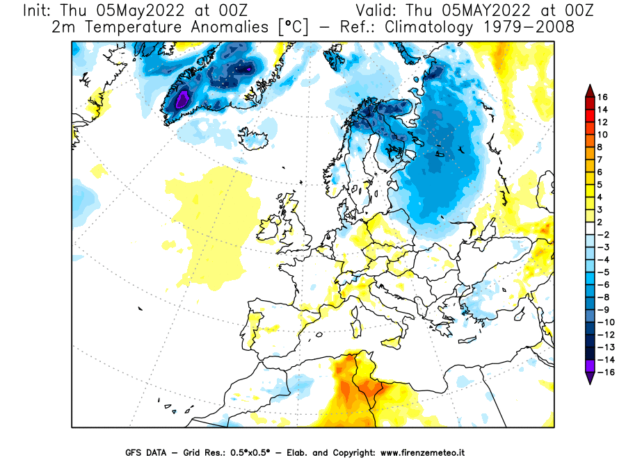 Mappa di analisi GFS - Anomalia Temperatura [°C] a 2 m in Europa
									del 05/05/2022 00 <!--googleoff: index-->UTC<!--googleon: index-->