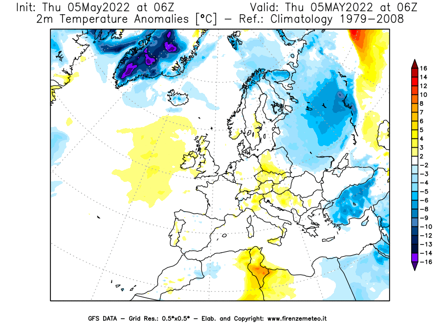 Mappa di analisi GFS - Anomalia Temperatura [°C] a 2 m in Europa
									del 05/05/2022 06 <!--googleoff: index-->UTC<!--googleon: index-->