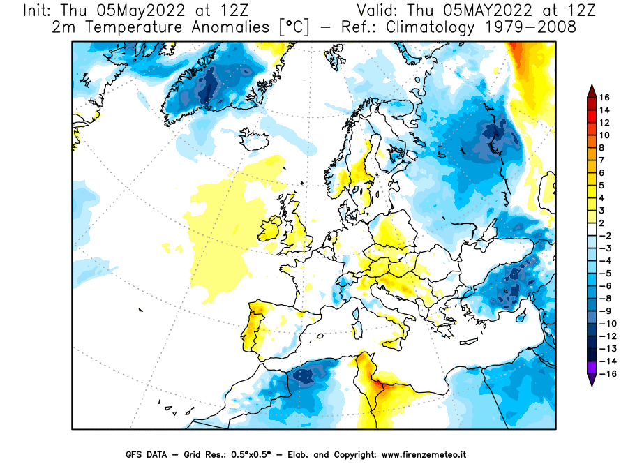 Mappa di analisi GFS - Anomalia Temperatura [°C] a 2 m in Europa
									del 05/05/2022 12 <!--googleoff: index-->UTC<!--googleon: index-->