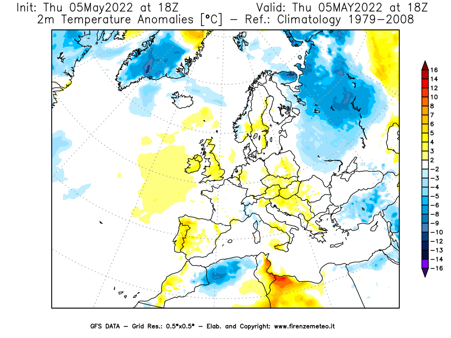 Mappa di analisi GFS - Anomalia Temperatura [°C] a 2 m in Europa
									del 05/05/2022 18 <!--googleoff: index-->UTC<!--googleon: index-->