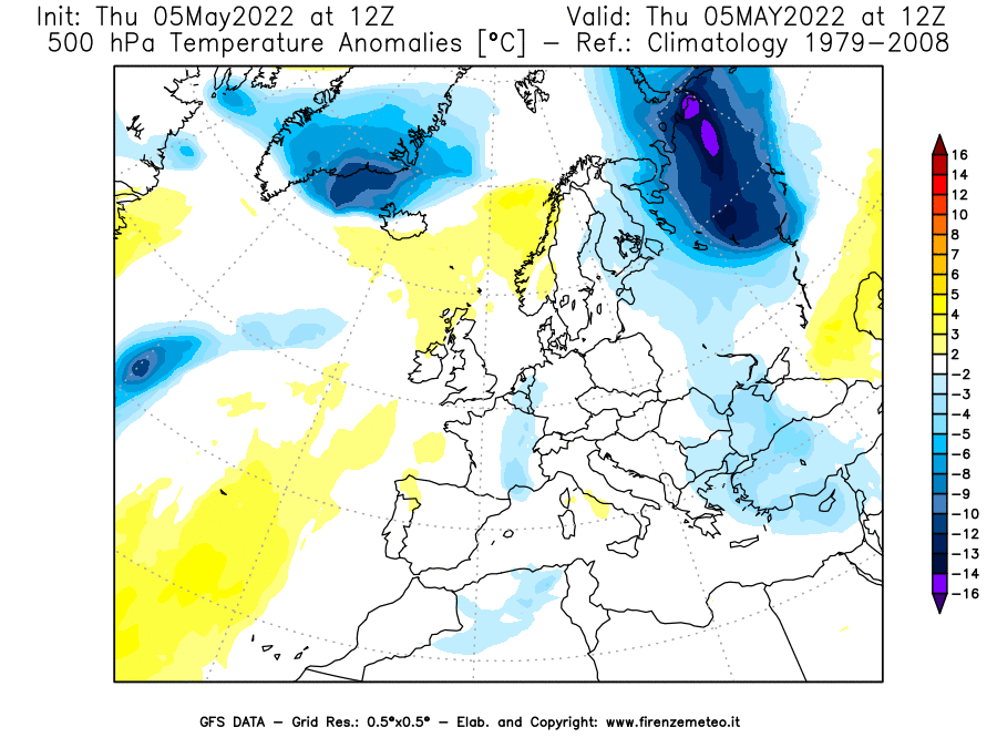 Mappa di analisi GFS - Anomalia Temperatura [°C] a 500 hPa in Europa
									del 05/05/2022 12 <!--googleoff: index-->UTC<!--googleon: index-->
