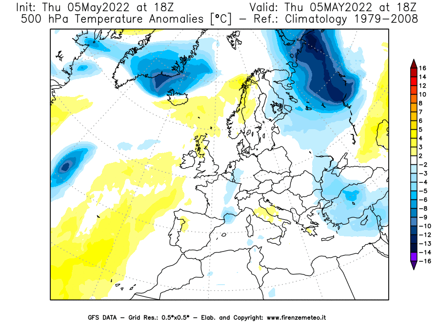 Mappa di analisi GFS - Anomalia Temperatura [°C] a 500 hPa in Europa
									del 05/05/2022 18 <!--googleoff: index-->UTC<!--googleon: index-->