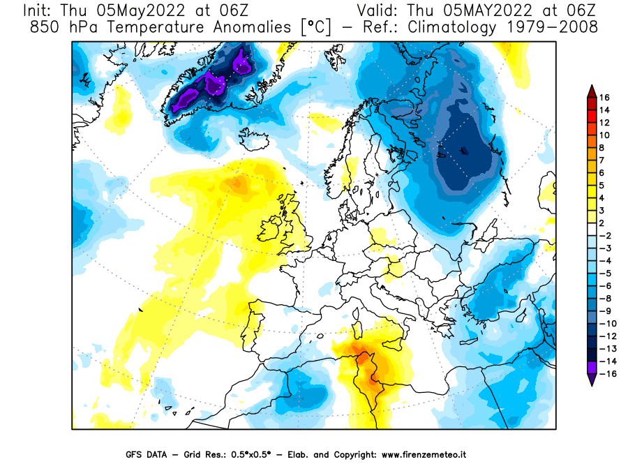 Mappa di analisi GFS - Anomalia Temperatura [°C] a 850 hPa in Europa
									del 05/05/2022 06 <!--googleoff: index-->UTC<!--googleon: index-->