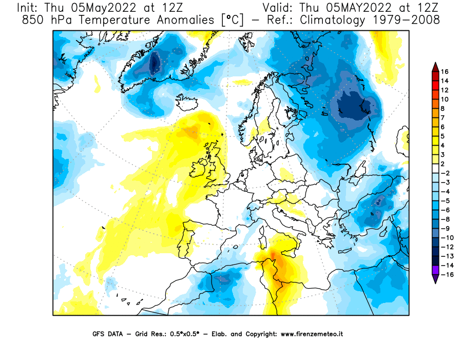 Mappa di analisi GFS - Anomalia Temperatura [°C] a 850 hPa in Europa
									del 05/05/2022 12 <!--googleoff: index-->UTC<!--googleon: index-->