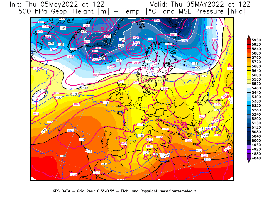 Mappa di analisi GFS - Geopotenziale [m] + Temp. [°C] a 500 hPa + Press. a livello del mare [hPa] in Europa
									del 05/05/2022 12 <!--googleoff: index-->UTC<!--googleon: index-->