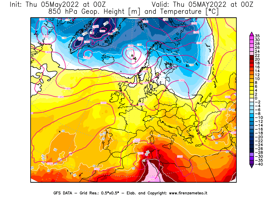 Mappa di analisi GFS - Geopotenziale [m] e Temperatura [°C] a 850 hPa in Europa
									del 05/05/2022 00 <!--googleoff: index-->UTC<!--googleon: index-->